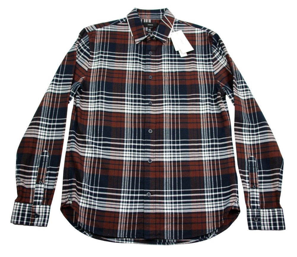 Vince Shirt Mens S Brown Blue Plaid Flannel Classic Fit Long Sleeve Cotton $245